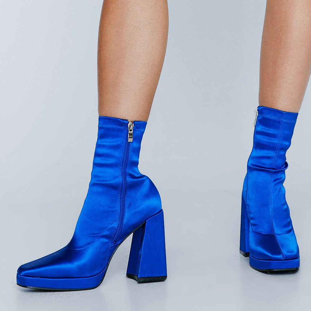 Full Blue Satin Ankle Boots Zipper Chunky Heel Boots Nicepairs