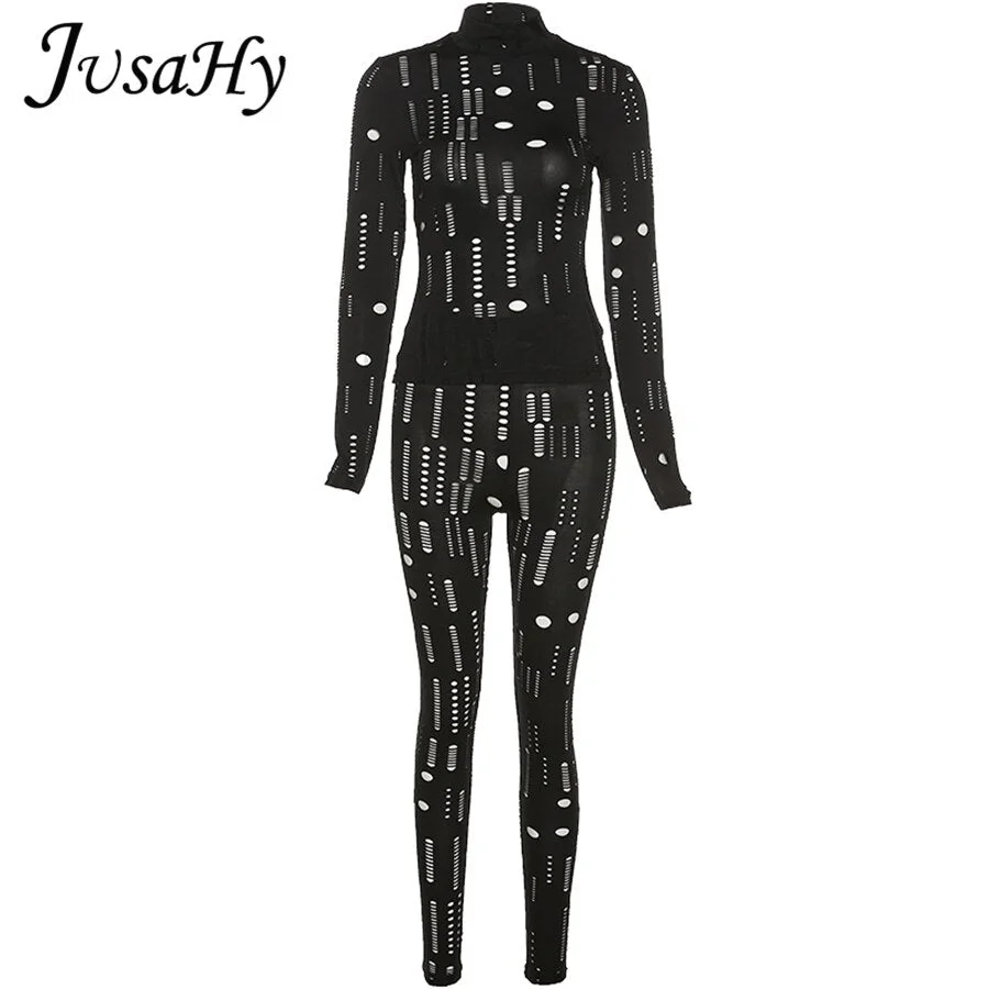 JuSaHy Autumn Solid Hollow Out Women's Two Pieces Sets Turtleneck Long Sleeves Crop Top And Pants Body-Shaping Matching Outfits