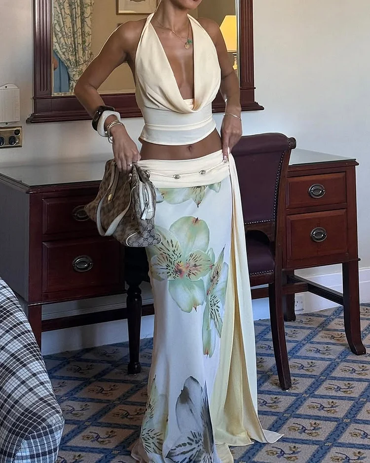 Sleeveless printed tie two-piece suit