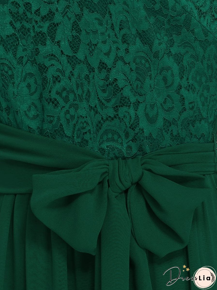 Sophisticated Lace Bodice Chiffon Maxi Evening Gown with Belt for Elegant Occasions