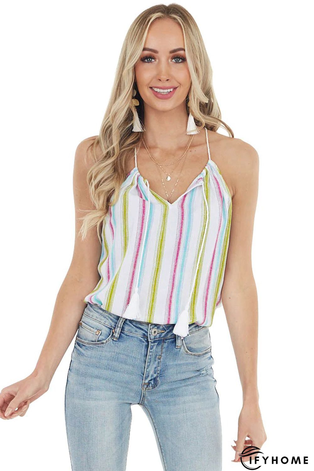 Striped Tank Top with Keyhole Detail | IFYHOME