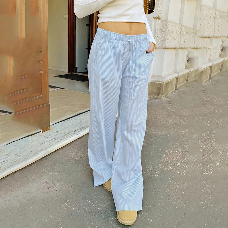 Woherb Woherb Wind Contracted Striped Woven Pants Women Low Waist Draw Rope Loose Waist Loose Straight Tube Base Trousers-Outfit Ideas