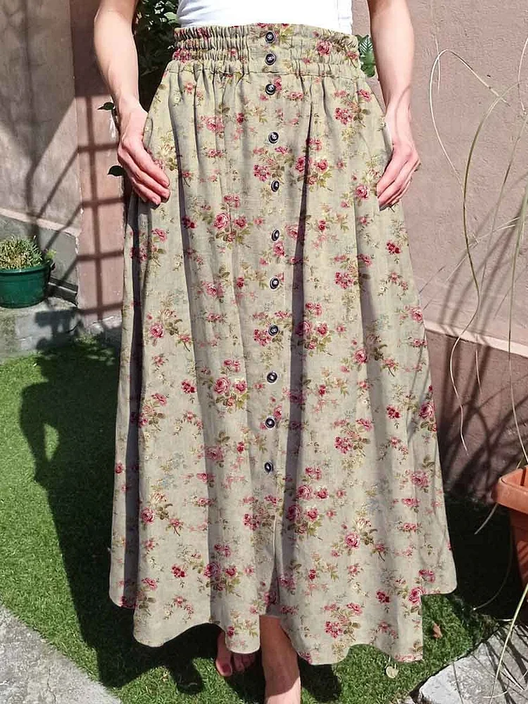 Women's Elegant Simple Rose Flower Print Cotton Skirt