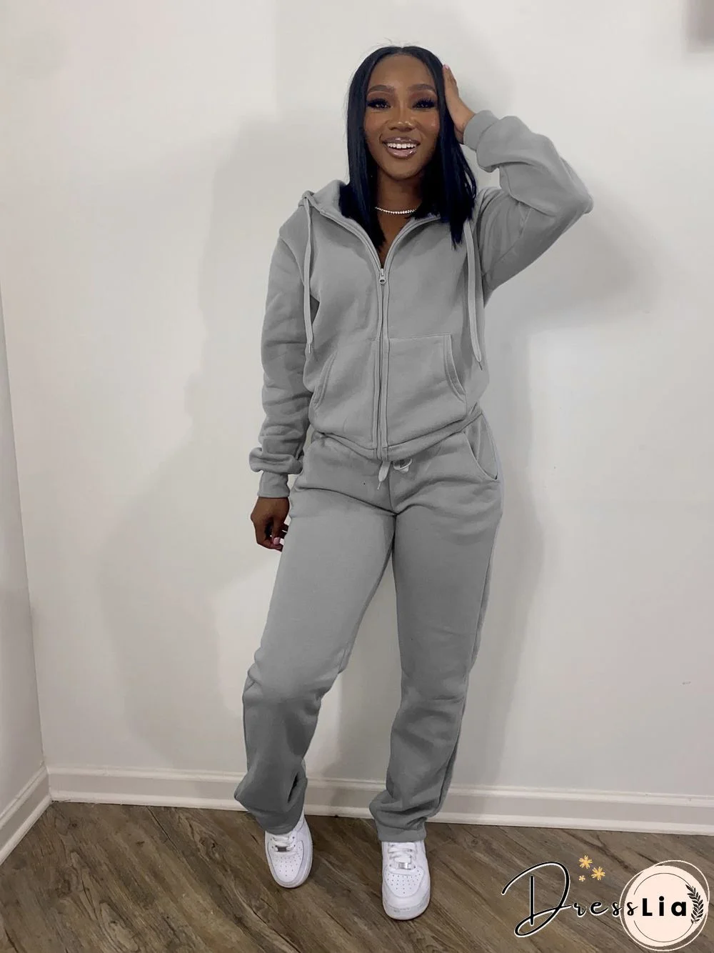 Solid Tracksuits Zip Up Hooded Sweatshirts and Pants Set