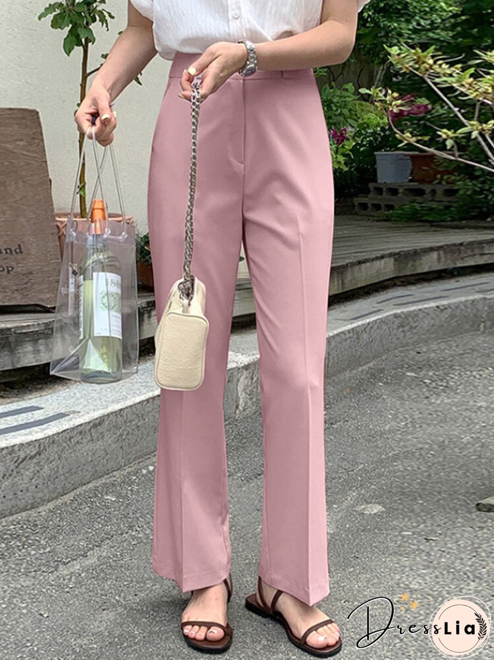 Solid Pocket Zip Front Tailored Pants For Women