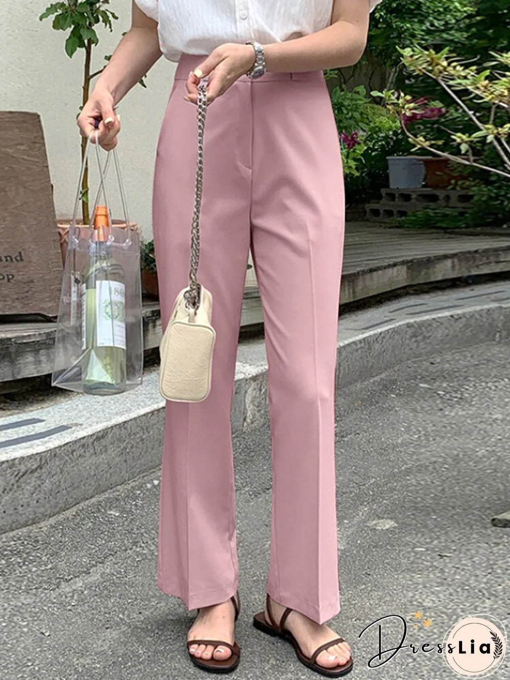 Solid Pocket Zip Front Tailored Pants For Women