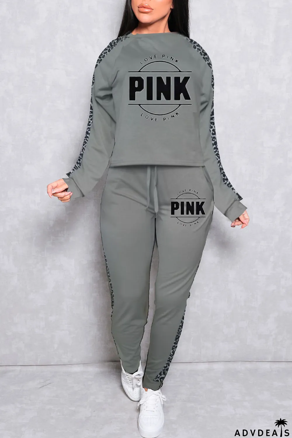 Grey Casual Print Patchwork O Neck Long Sleeve Two Pieces