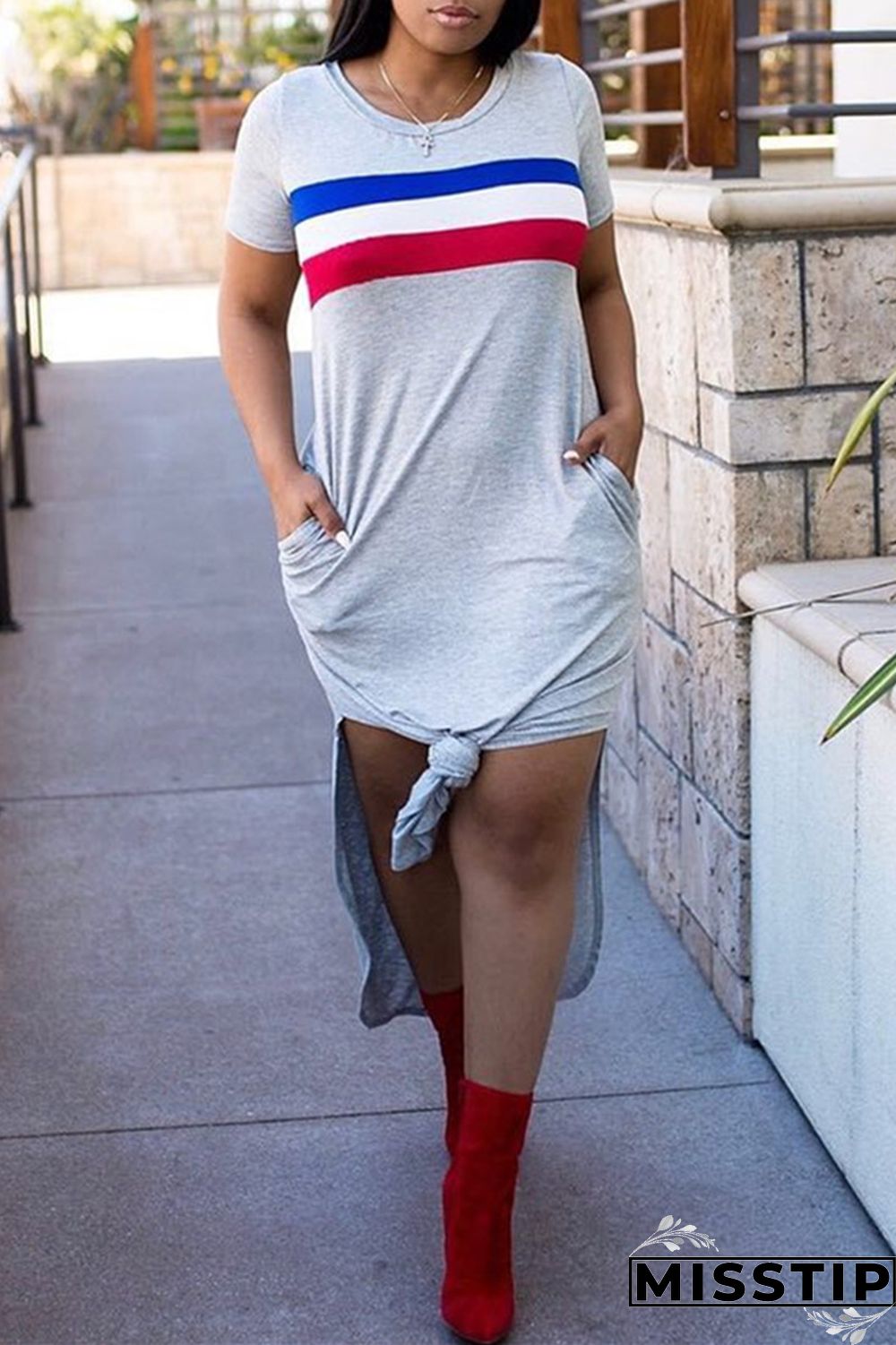Grey Fashion Casual Striped Print Slit O Neck Short Sleeve Dress