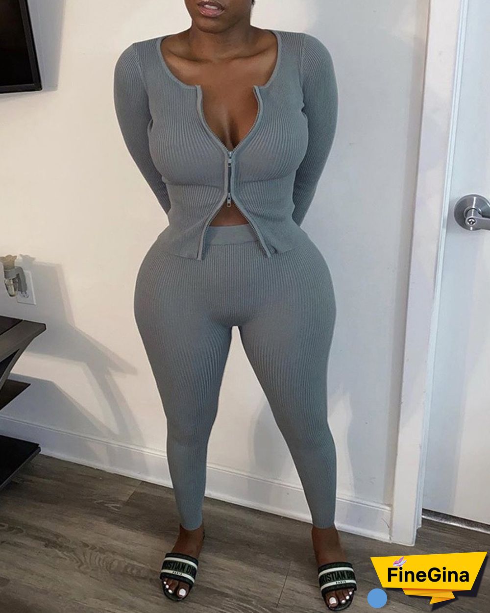 Plain Zipper Design Long Sleeve Ribbed Top & Skinny Pants Set