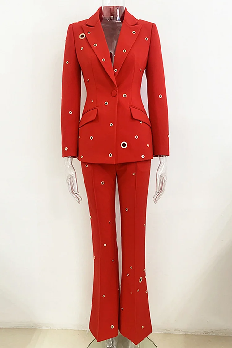 Eyelet Embellished One Button Flare Leg Two Piece Pant Suit-Red