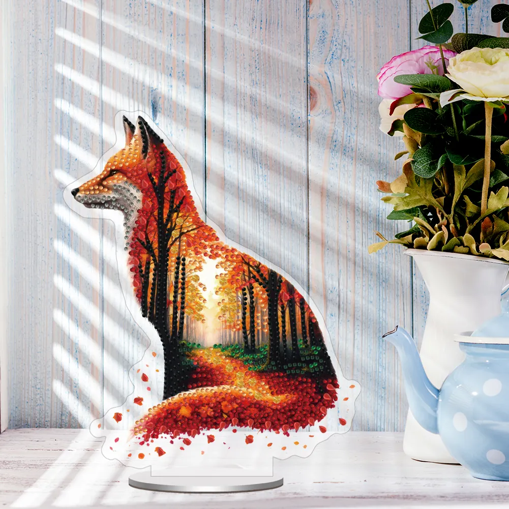 5D DIY Acrylic Fox Animal Scenery Silhouette Special Shape Diamond Painting Art Tabletop Decorations