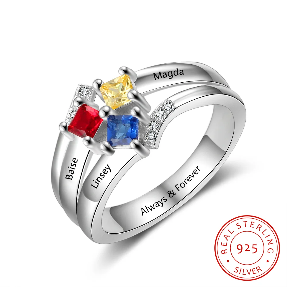 925 Sterling Silber Ring mit 3 Namen und 3 Geburtssteinen mit Gravuren Kettenmachen