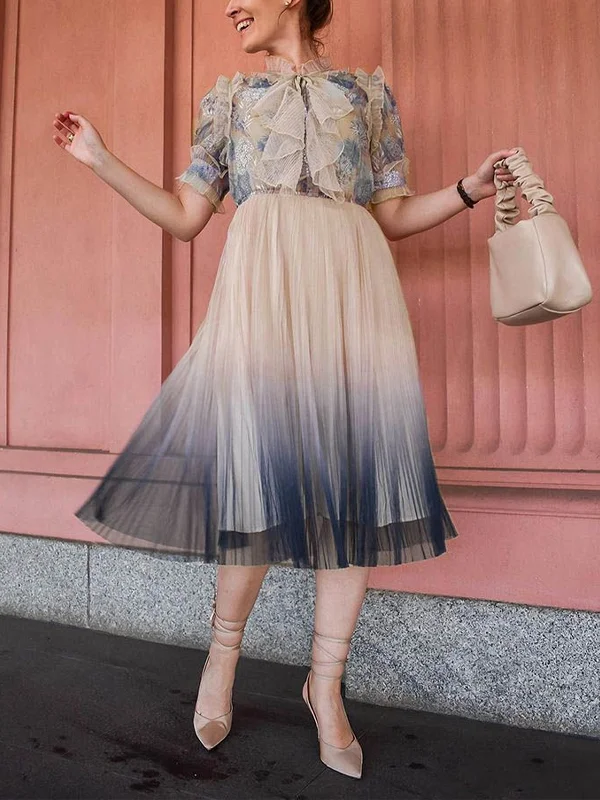 Ombre Pleated Mesh Tulle Midi Dress