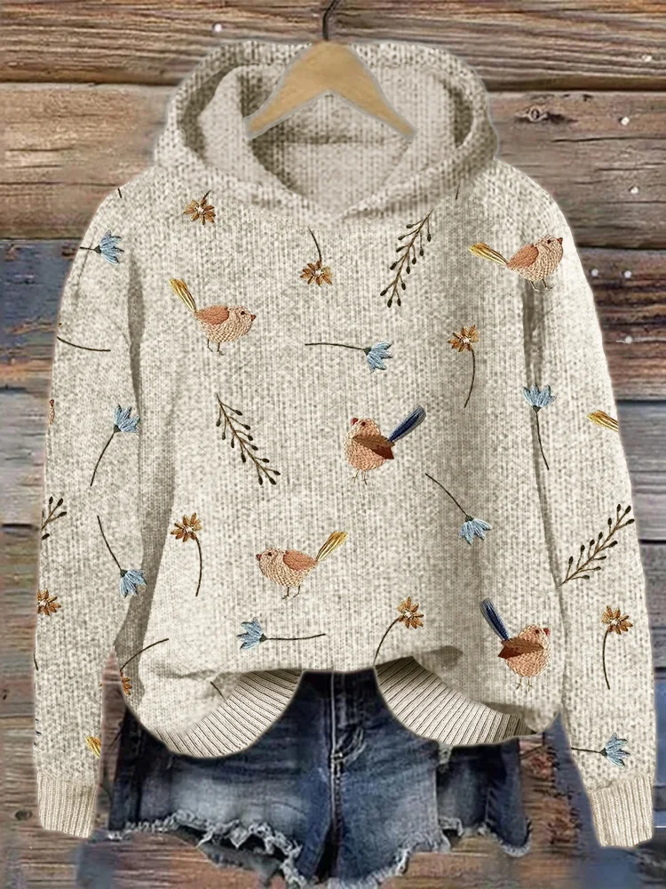 Birds Floral Embroidery Pattern Cozy Knit Hoodie