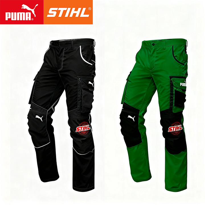 Spodnie robocze PUMA × STIHL w limitowanej edycji - komplet 2-częściowy, wielofunkcyjny design z wieloma kieszeniami.