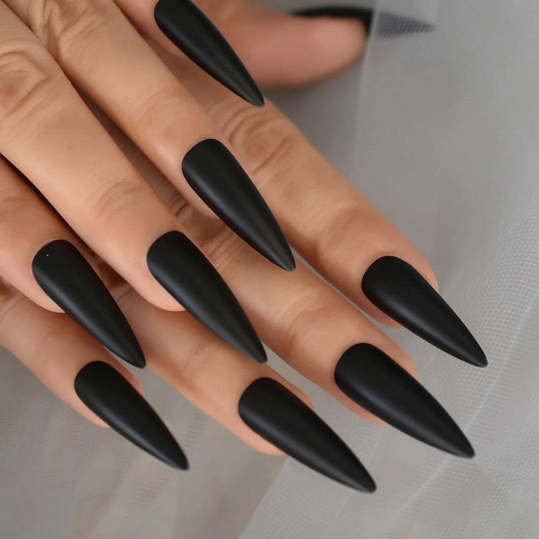 Matte Black Press On Nails Extra Long Sharp Stiletto Fake Nails Set False Tips Artificial Girls Artificial Nail Art Manicure