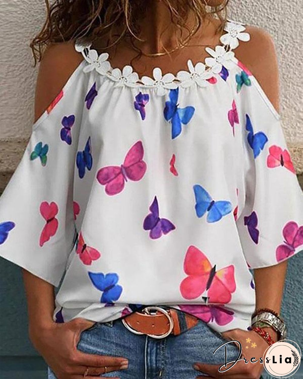Cold Shoulder Flower Patchwork Print Half Sleeve Blouses