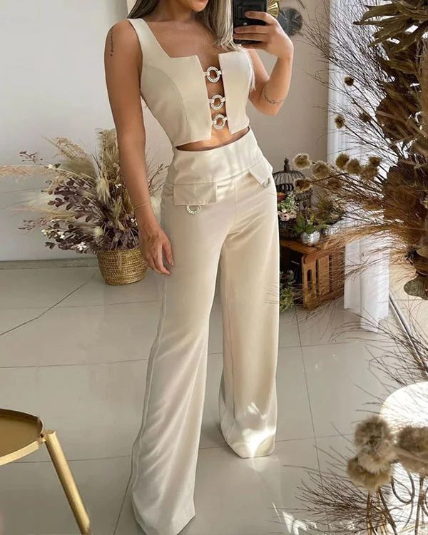 Sexy Sleeveless Wide Leg Pants Two Piece Suit-