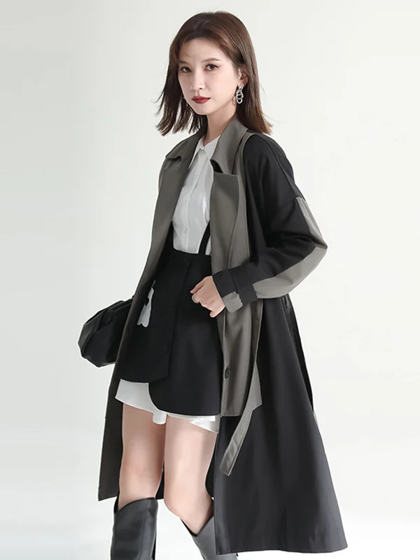 Casual Long Sleeves Roomy Buttoned Contrast Color Lapel Collar False Two Trench Coats