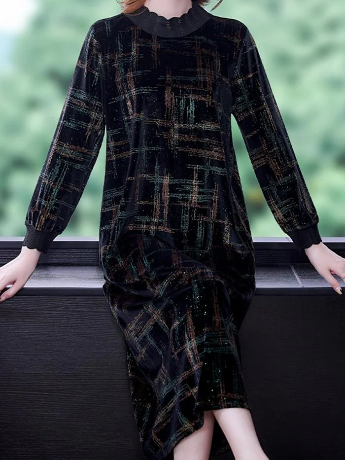 Fashionable and Elegant Printed Gold Velvet Dress