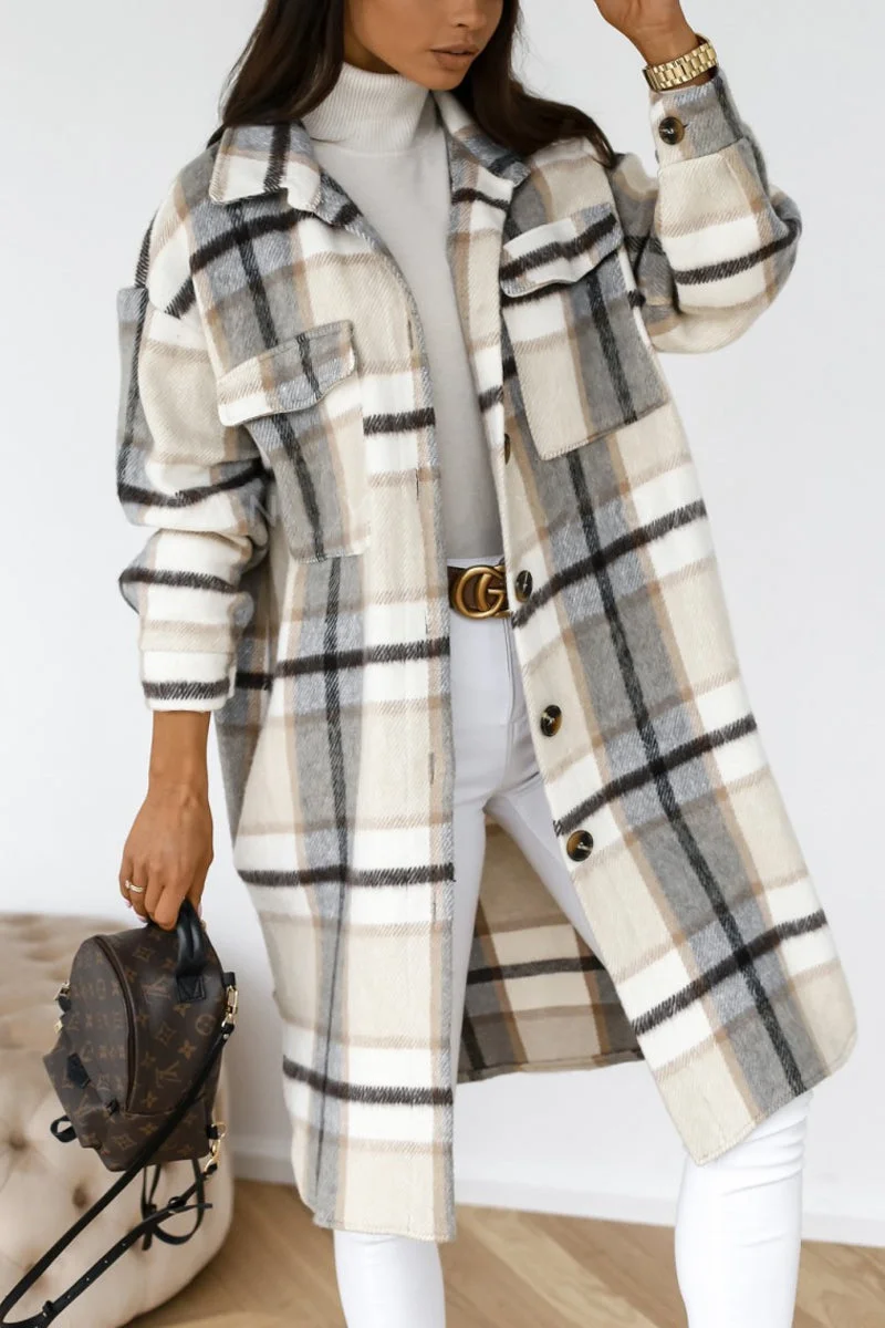 Fashion Casual Plaid Print Cardigan Turndown Collar Outerwear