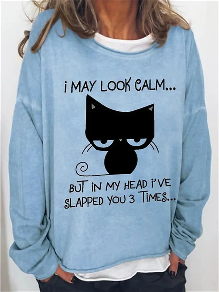 Women's Pullover Basic Casual Print Khaki Light Grey Light Blue Cat Letter Loose Fit Casual Crew Neck Long Sleeve-Cosfine