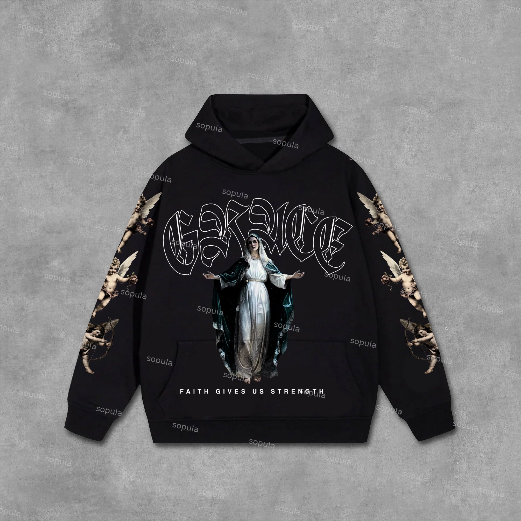 Sopula Sister Grace Faith Gothic Alphabet Graphic Thin Hooded Sweatshirt - Sopula｜Premium Graphic Tees & Graphic Clothing