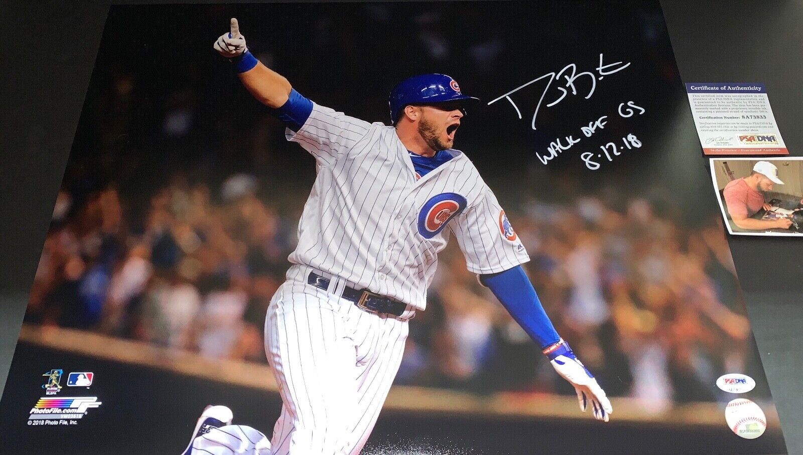 David Bote Cubs Signed 16x20 Photo Poster painting PSA WITNESS COA WALKOFF GRAND SLAM Ins