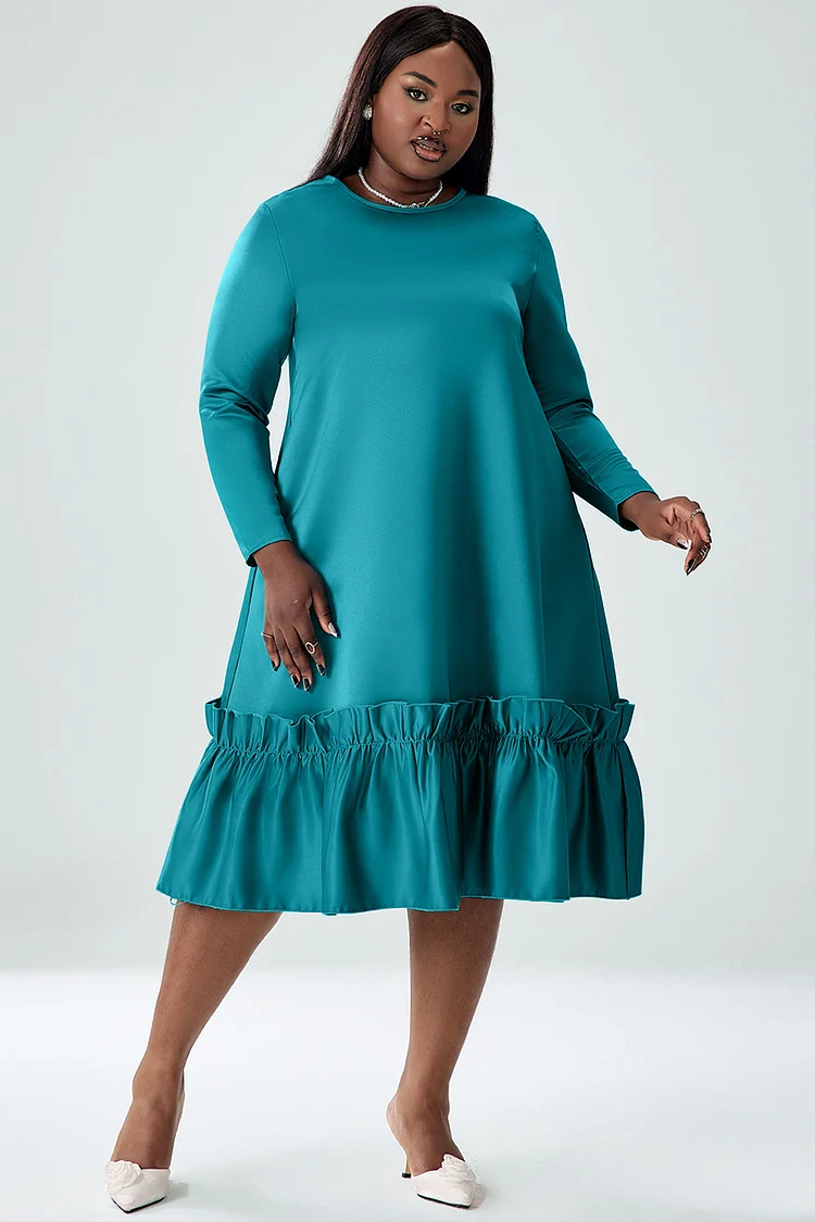 Xpluswear Design Plus Size Semi Formal Dress Green Ruffled A-Line Long Sleeve Midi Dress 