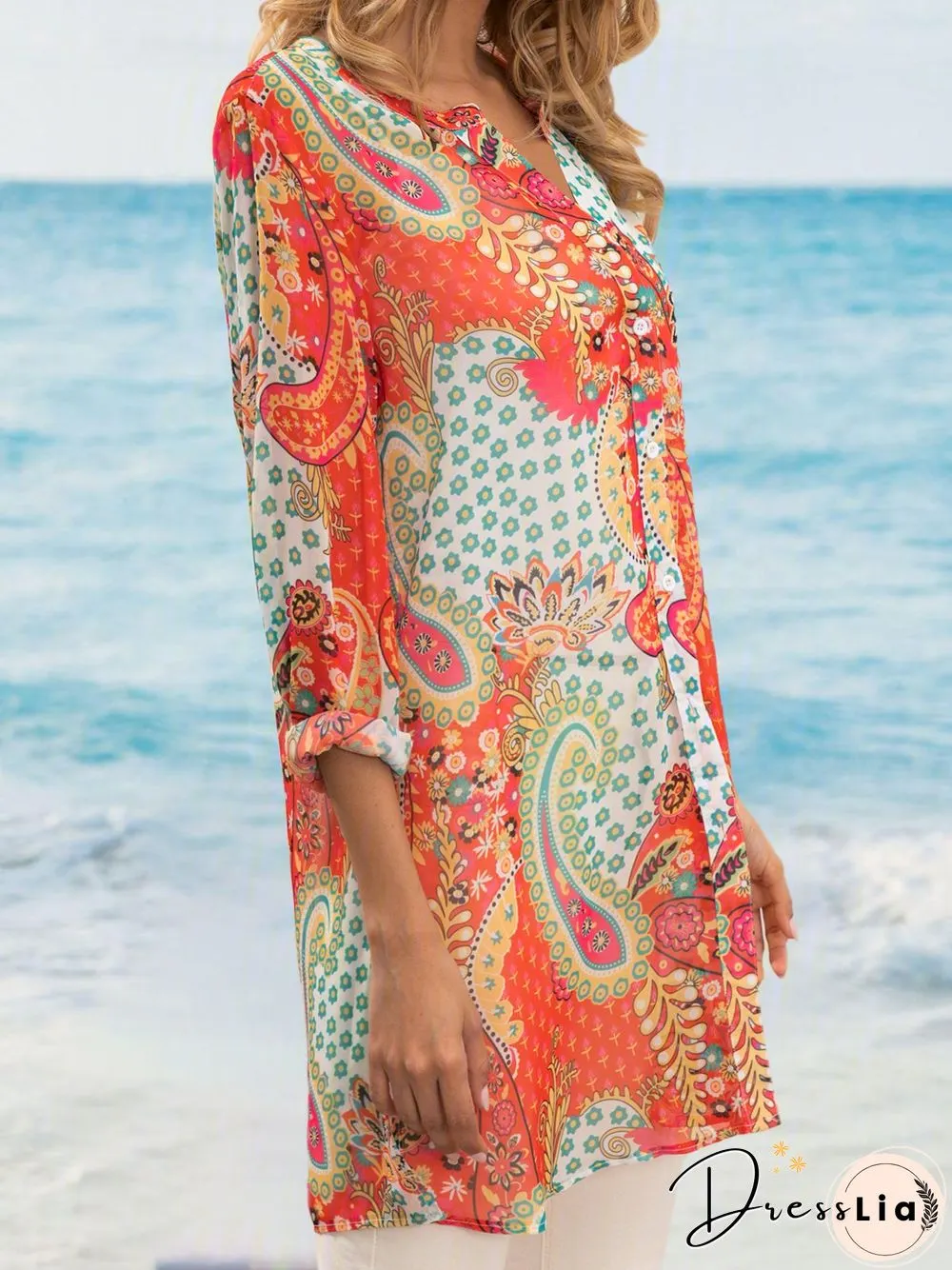 Geometric V Neck Long Sleeve Blouse & Shirts