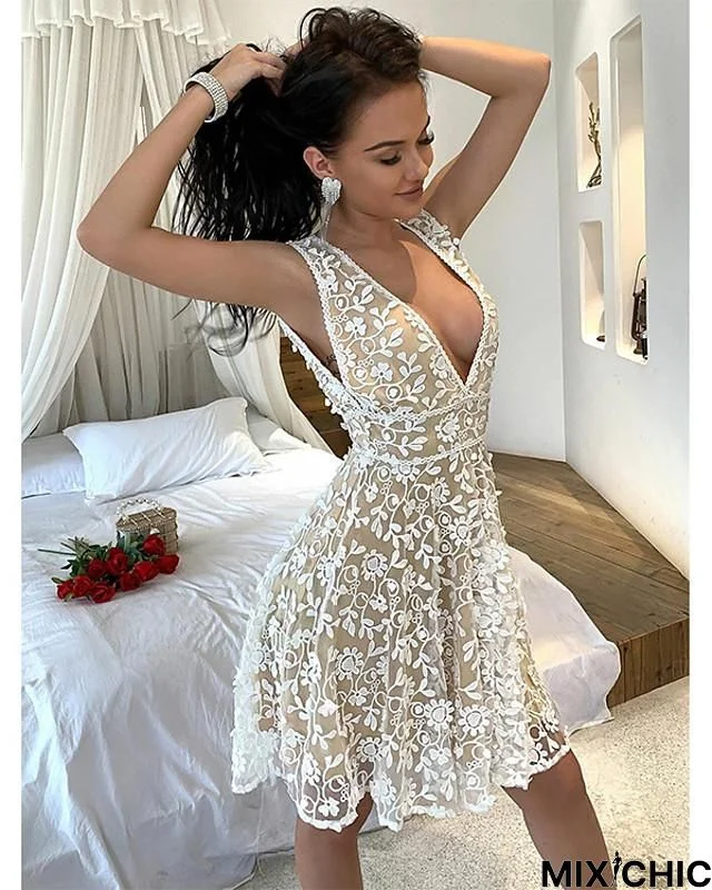 Women's A-Line Dress Knee Length Dress Sleeveless Solid Color Lace Patchwork Spring Summer Hot Casual White Dresses