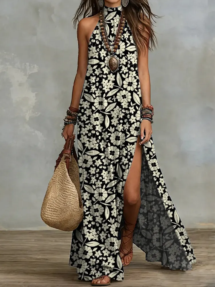 Women's Retro Floral Pattern Art Print Casual Stylish Cotton Dress