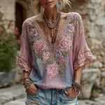 Women's Retro Floral Embroidered Gradient V-neck Linen Blend T-shirt - Image 2