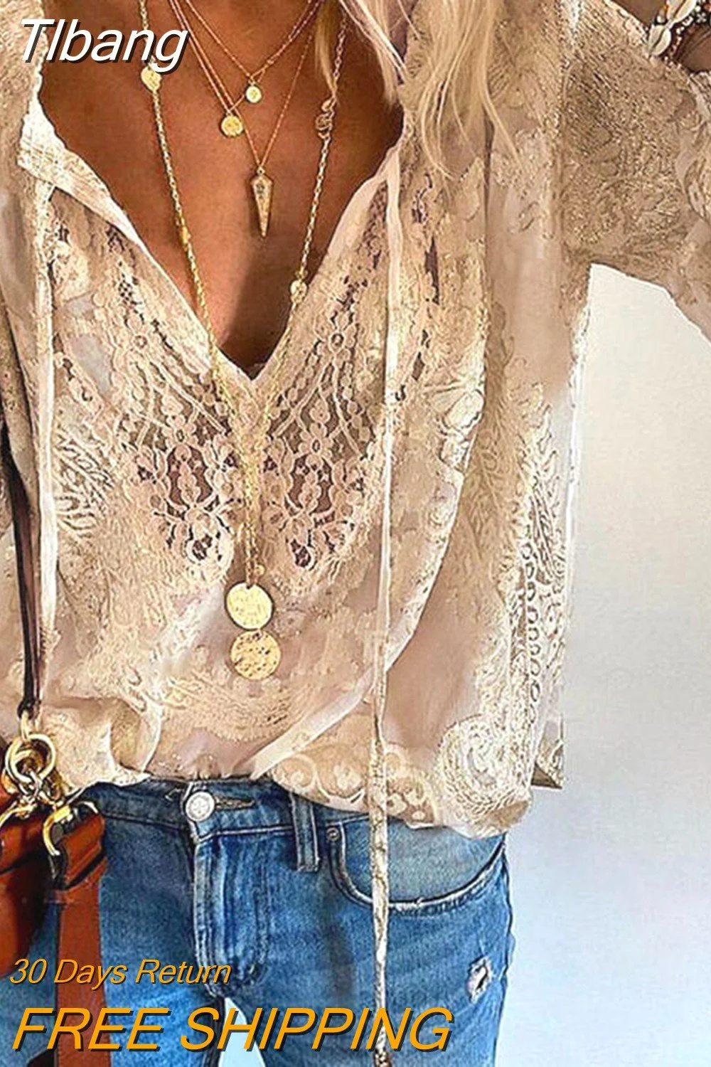 Tlbang Lace Chiffon Blouse Women's Shirt 2023 Autumn Lace Blouse Casual Loose Tops Office Lady See Through Clothing 21960