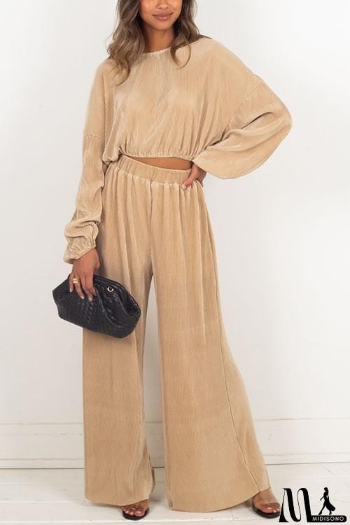 MidiSono - Pleated Crop Blouse Wide Leg Pants Set
