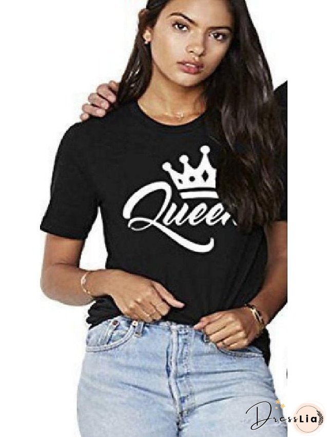 T shirt Tee black Men's black white Letter Print Short Sleeve Daily Basic Casual Round Neck King and Queen S for Women