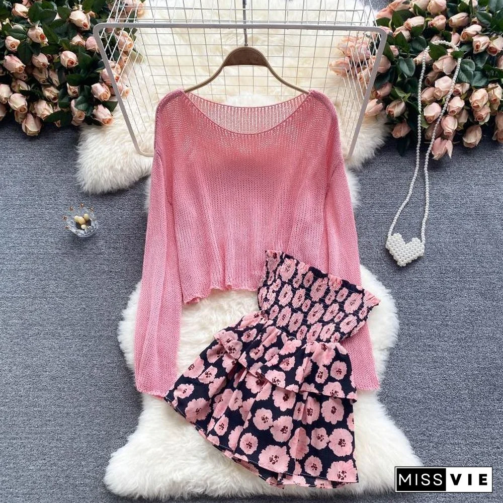 Long Sleeve Knit Tee+Floral Skirt P13316