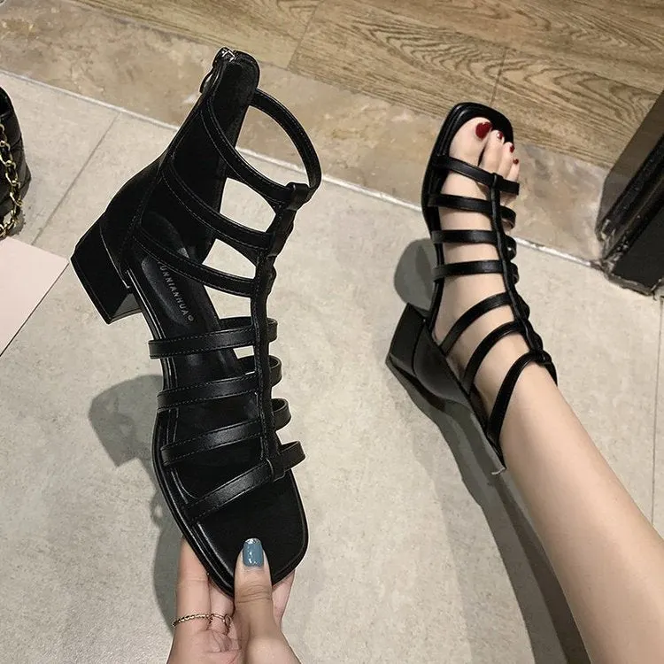 Summer New Roman Sandals Sticky Leather Open Toe Square Heel Pu Roman Shoes Cross Strap Zipper Mid Heel Sandals for Women 2021