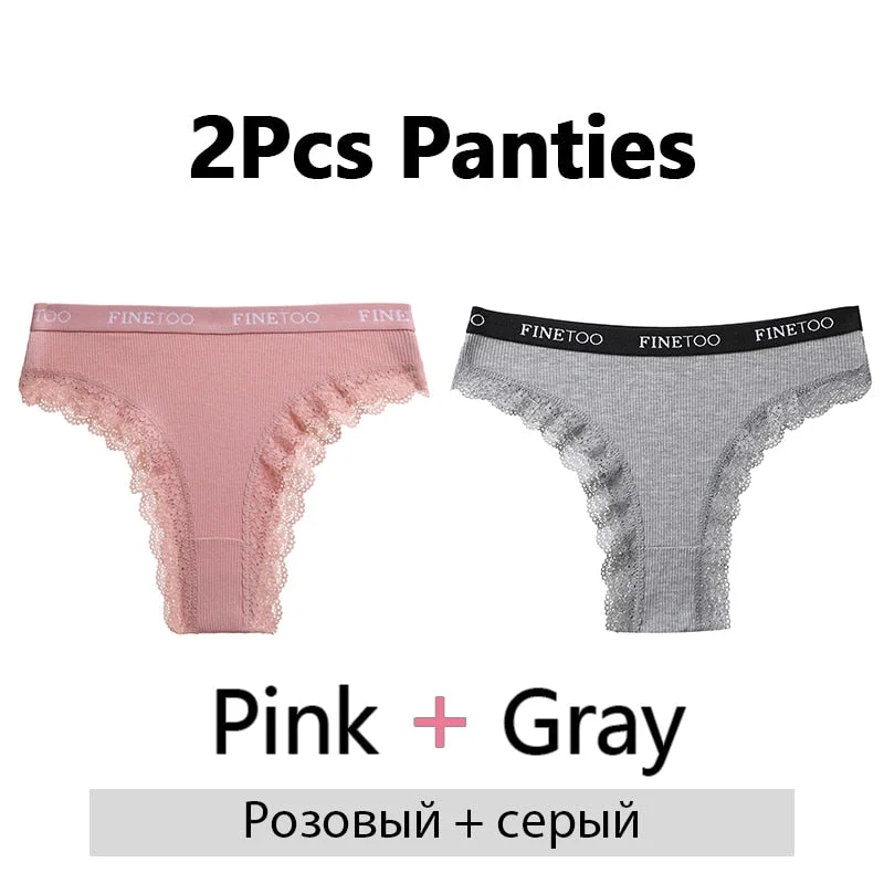 FINETOO 2Pcs/Set Cotton Panties for Women Sexy Ladies Lace G-string Solid Color Thongs Girls Plus Size M-2XL Underwear Lingerie
