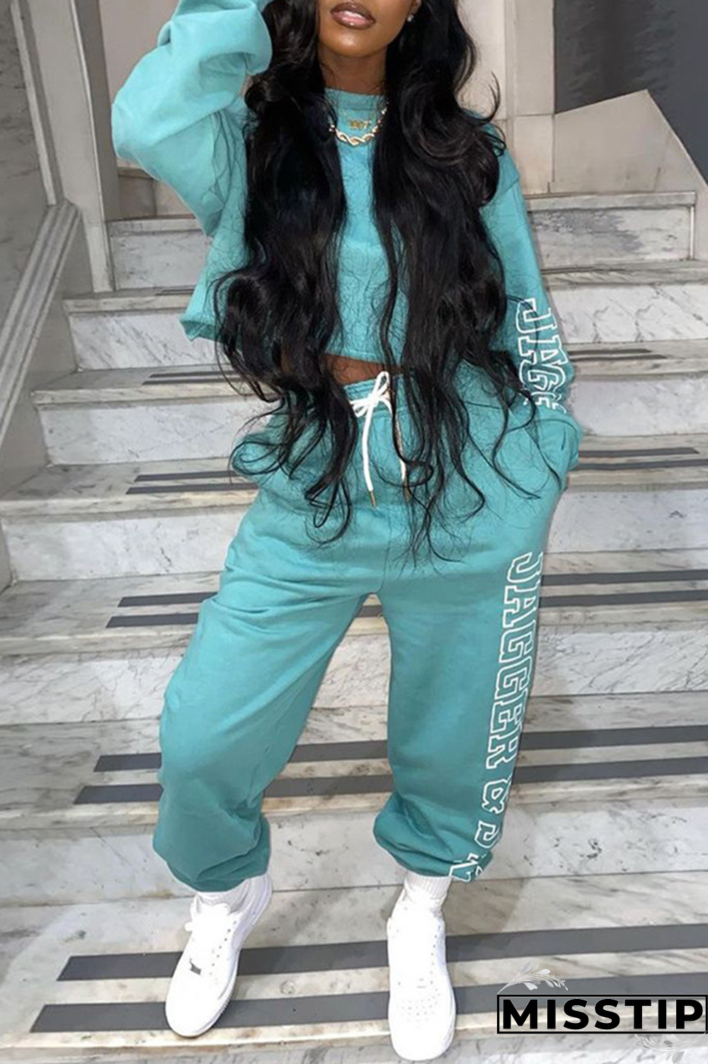 Black Casual Print Patchwork O Neck Long Sleeve Two Pieces