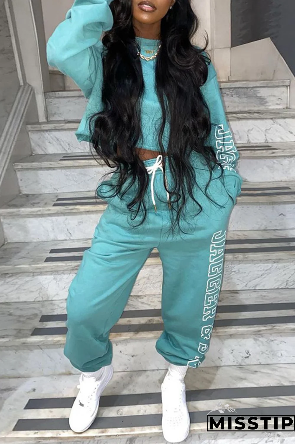 Black Casual Print Patchwork O Neck Long Sleeve Two Pieces