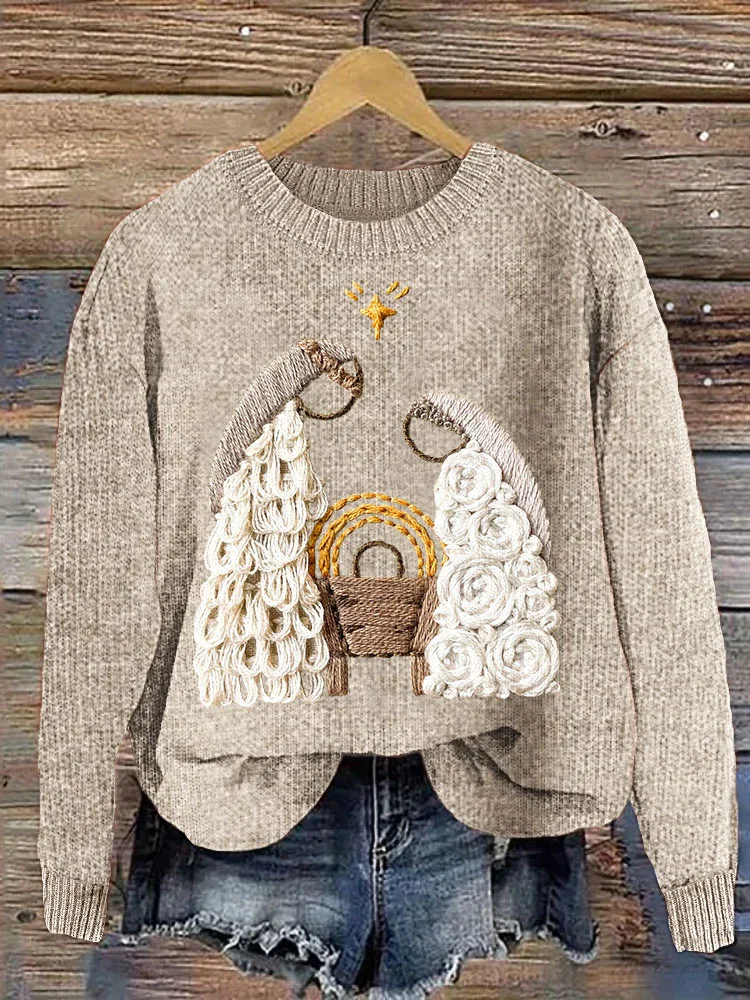 VChics Christmas Nativity Embroidery Art Casual Cozy Knit Sweater