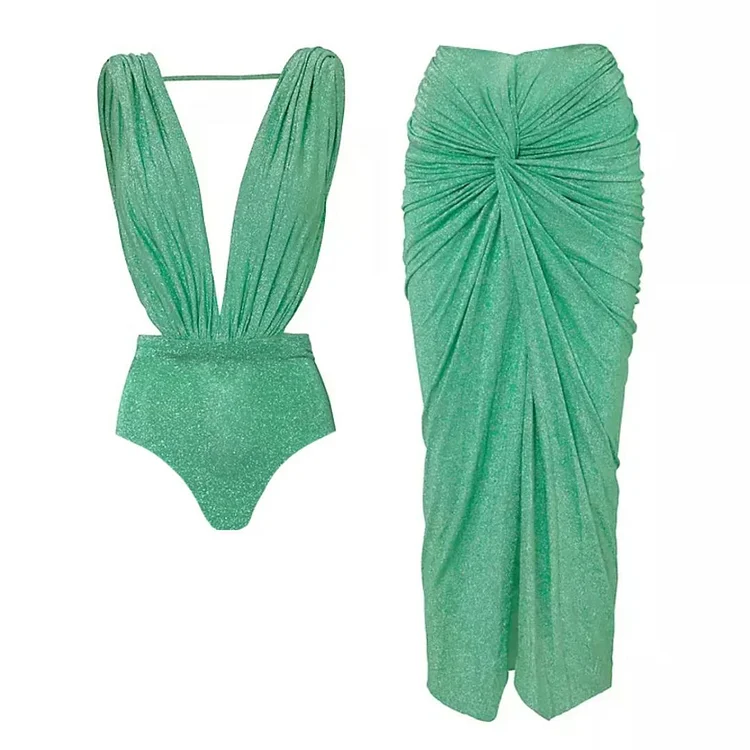 Shiny Texture Pleated Design One Piece Swimsuit and Skirt 