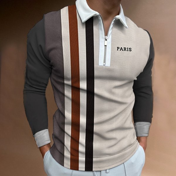 Men's Casual Style Daily Stitching Zipper Design Polo Collar Long-sleeved Polo Shirt