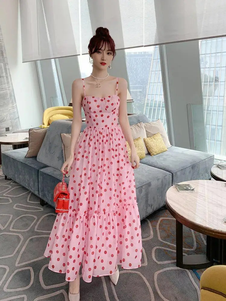 Aiertu Women Vintage Sexy Dot Dress Retro Party Dress Summer Sleeveless French Waist Up Sweet Fairy Big Swing Skirt Long Sundress Aiertu