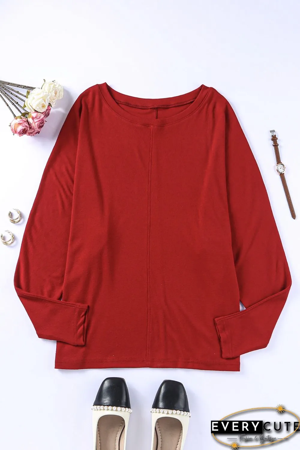 Red Solid Color Patchwork Long Sleeve Top