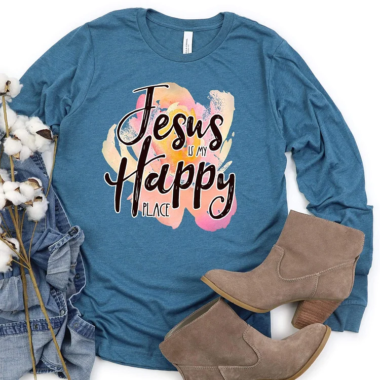 Jesus is My Happy Place Long Sleeve Tee-Annaletters