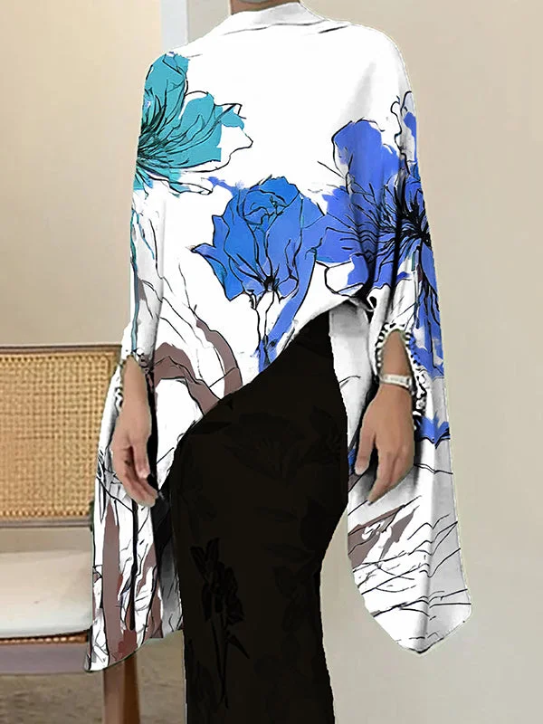 Batwing Sleeves Loose Flower Print Zipper Mock Neck Blouses&shirts Tops