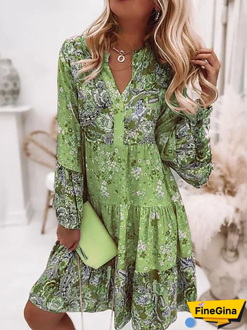 V Neck Loosen Casual Long sleeve Woven Dress