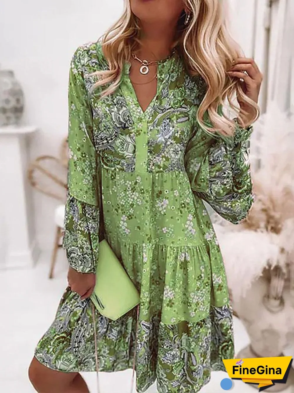 V Neck Loosen Casual Long sleeve Woven Dress